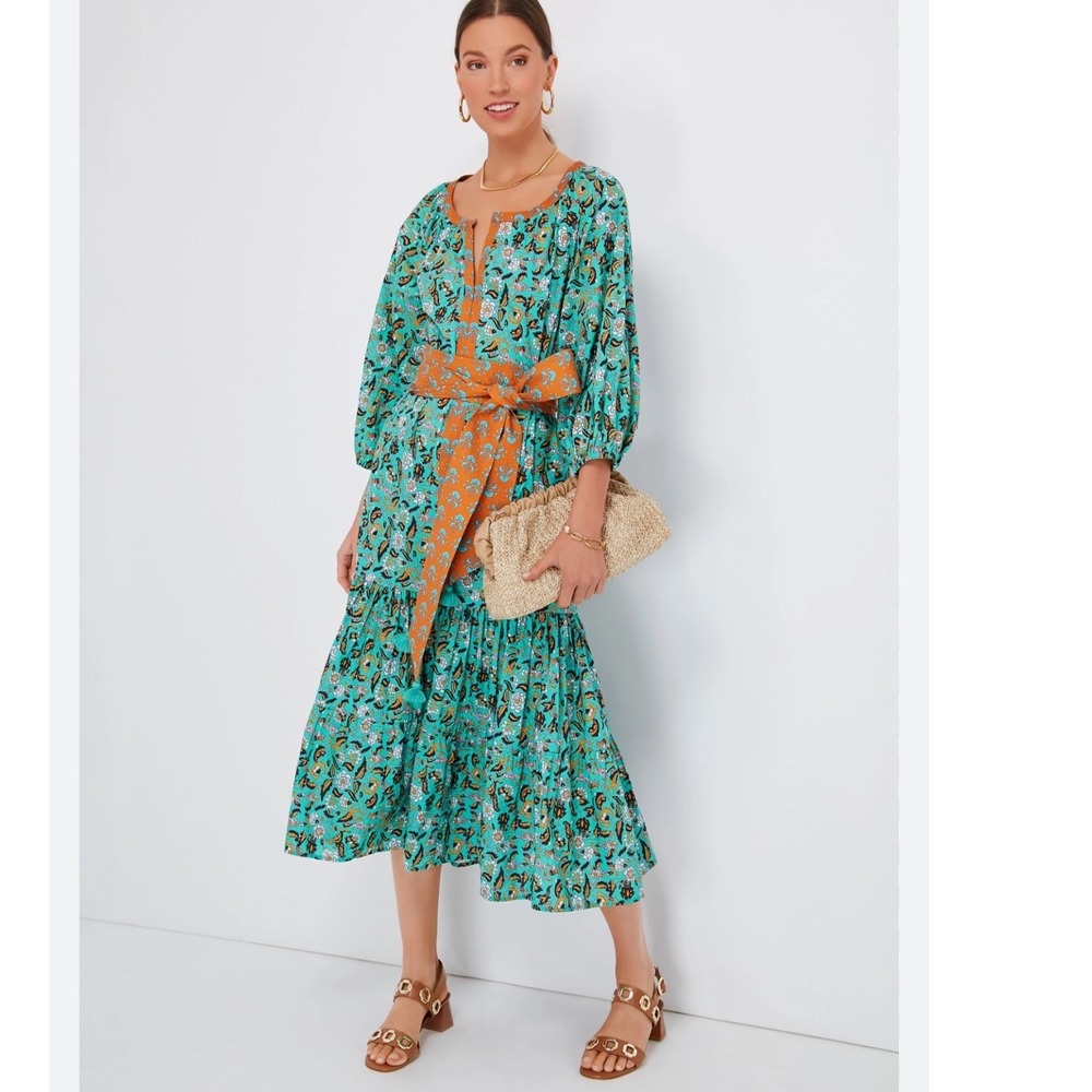 FIGUE Green Orange Mixed Print Floral Dress Midi Cotton Size Small